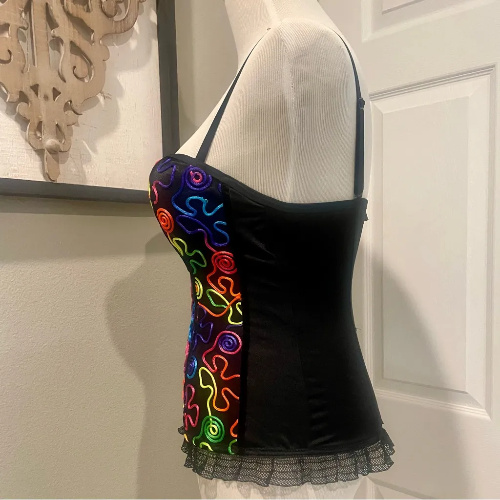Just One Black Corset With Multicolor Swirl Design And Zip Up Back Size Large - Image 4