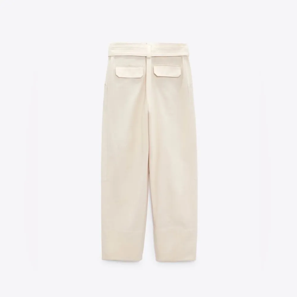 Zara Women Oyster White Bloggers Fav High-Rise Belted Cotton Loose Pants Sz L‎ - Image 5
