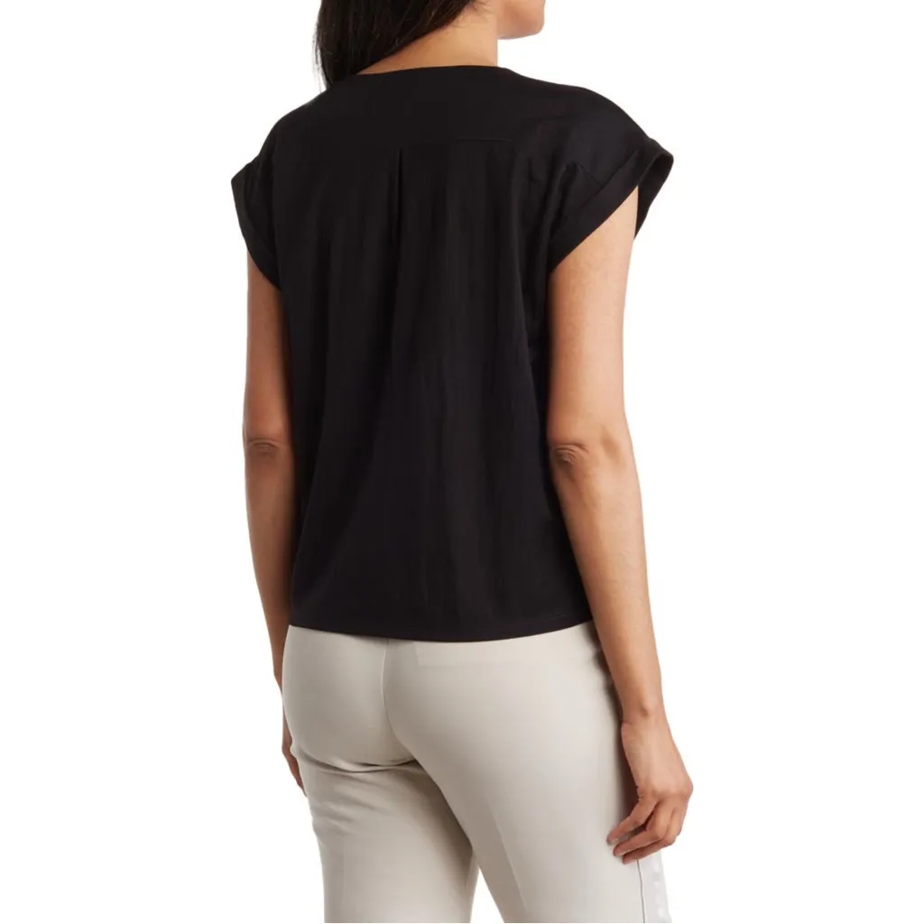 Black V-Neck Cap Sleeve Blouse – Casual Workwear Domain T-shirt Top for Women - Image 2