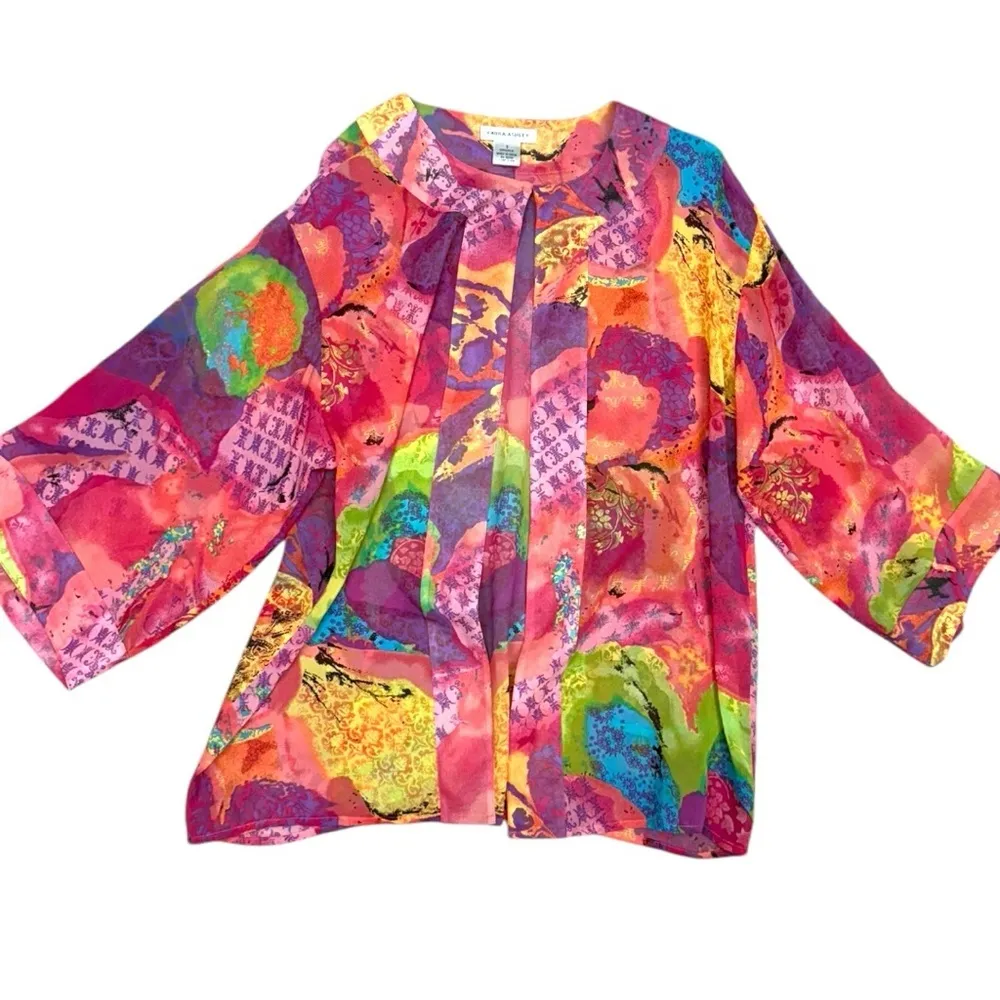 Laura Ashley 100% Silk Multicolor Open Front Kimono Top Size Small - Image 8