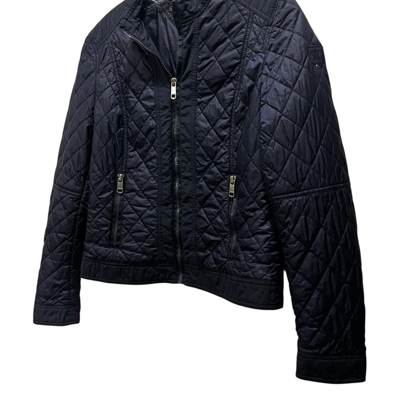Tommy Hilfiger Quilted Zip Up Jacket Navy Blue Sz Medium Equestrian Zip Pockets - Image 4