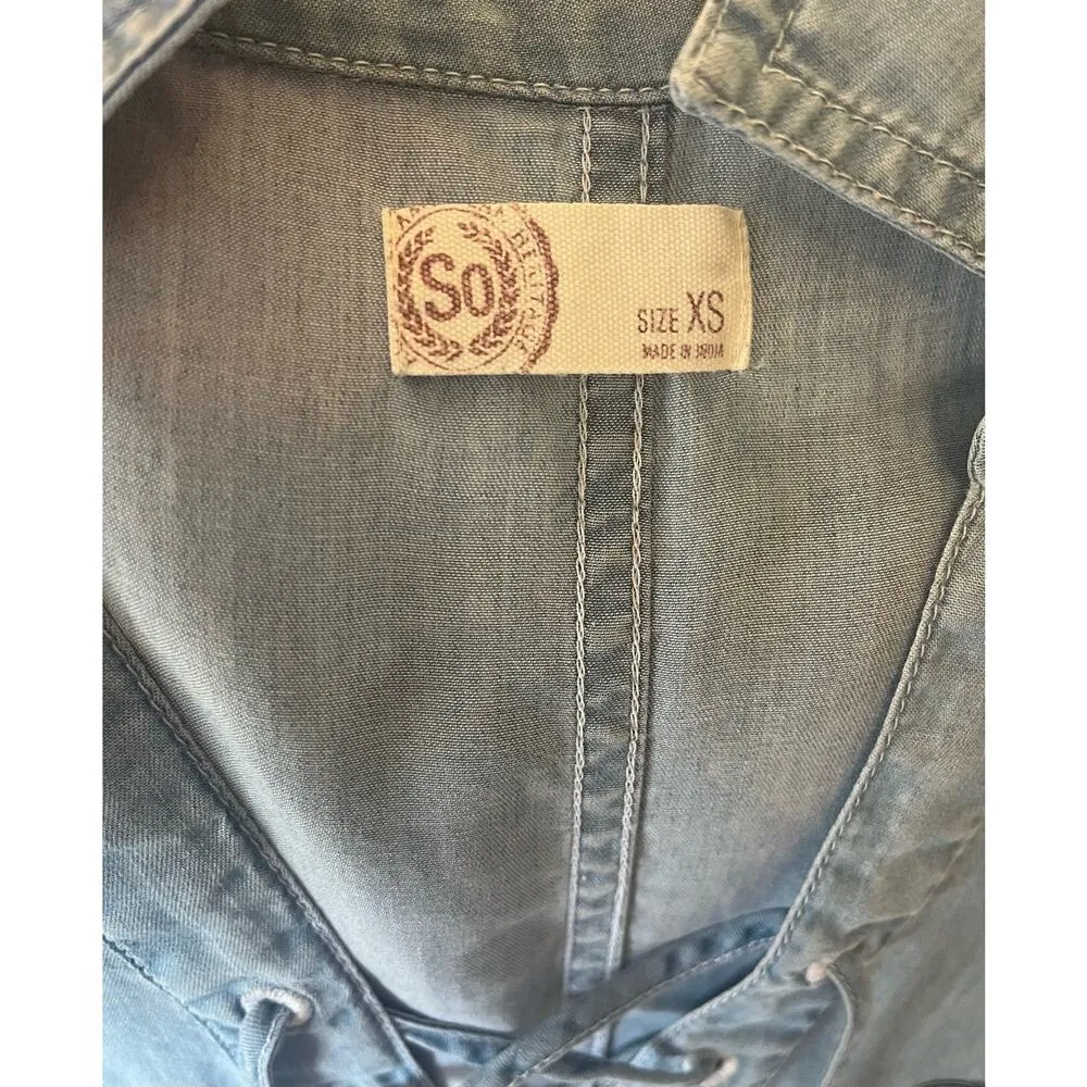 SO Brand DENIM DRESS Womens XS Sleeveless Criss Cross Tie Front Pockets Collar - Image 8