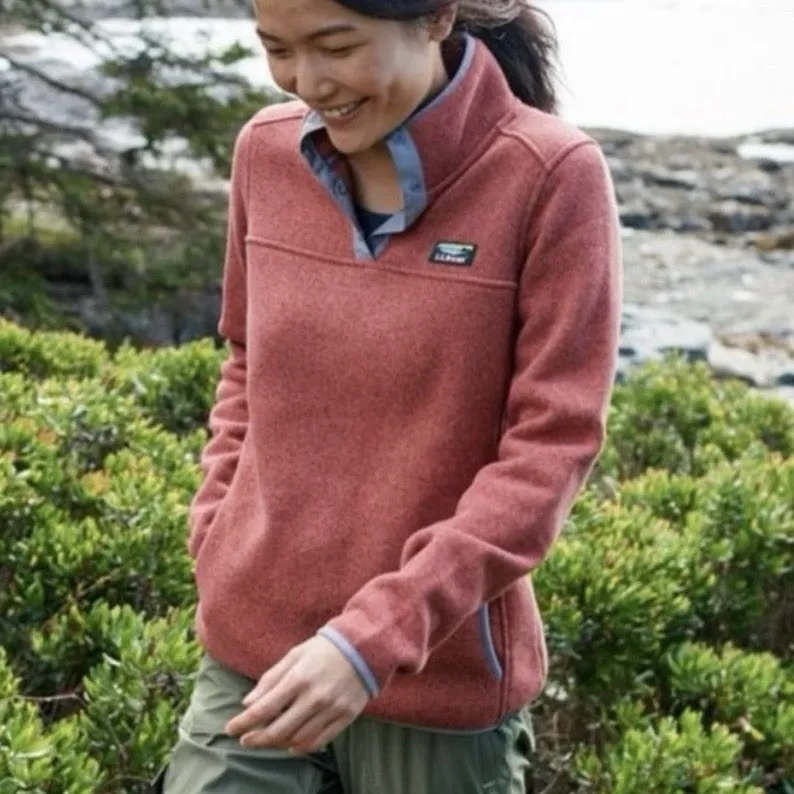 LL Bean Womens Rust Orange Sweater Fleece Pullover 1/4 Snap Size XS Pockets - Image 2