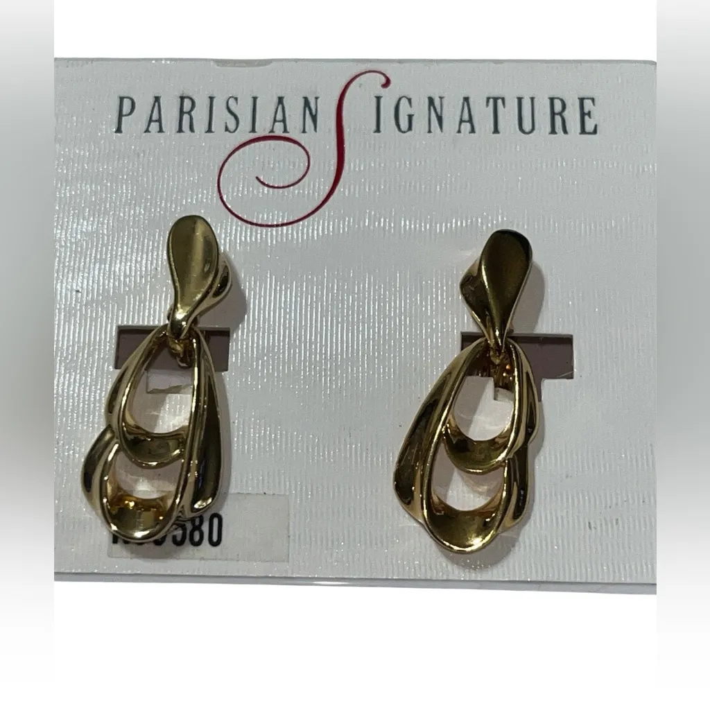 Vintage 1980s Double Oval Hoop Door Knocker Dangle Earrings Gold Tone Clip On - Image 4