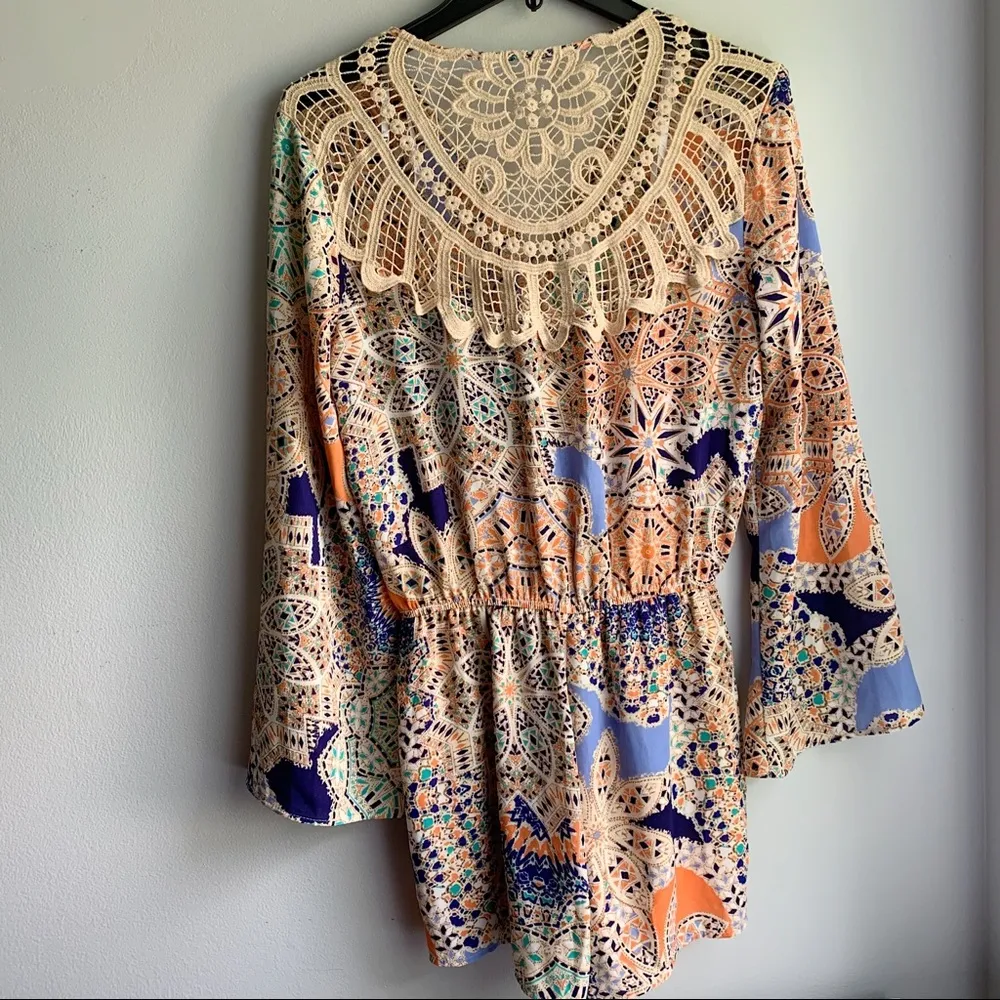 DR2 Patchwork Boho Crochet Long Sleeve Romper White - Image 9