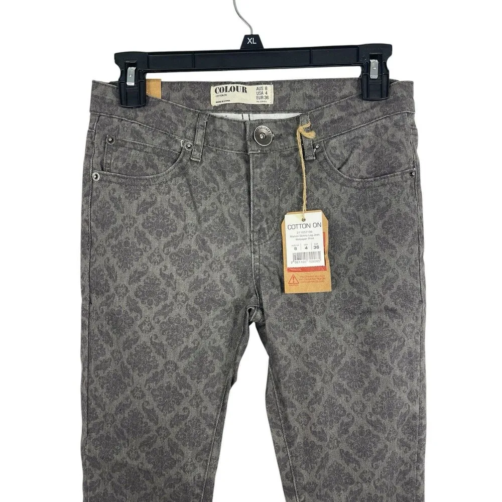 Cotton On Colour Maison Skinny Leg Wallpaper Fleur De Lis Gray Denim Size 4 NWT - Image 3