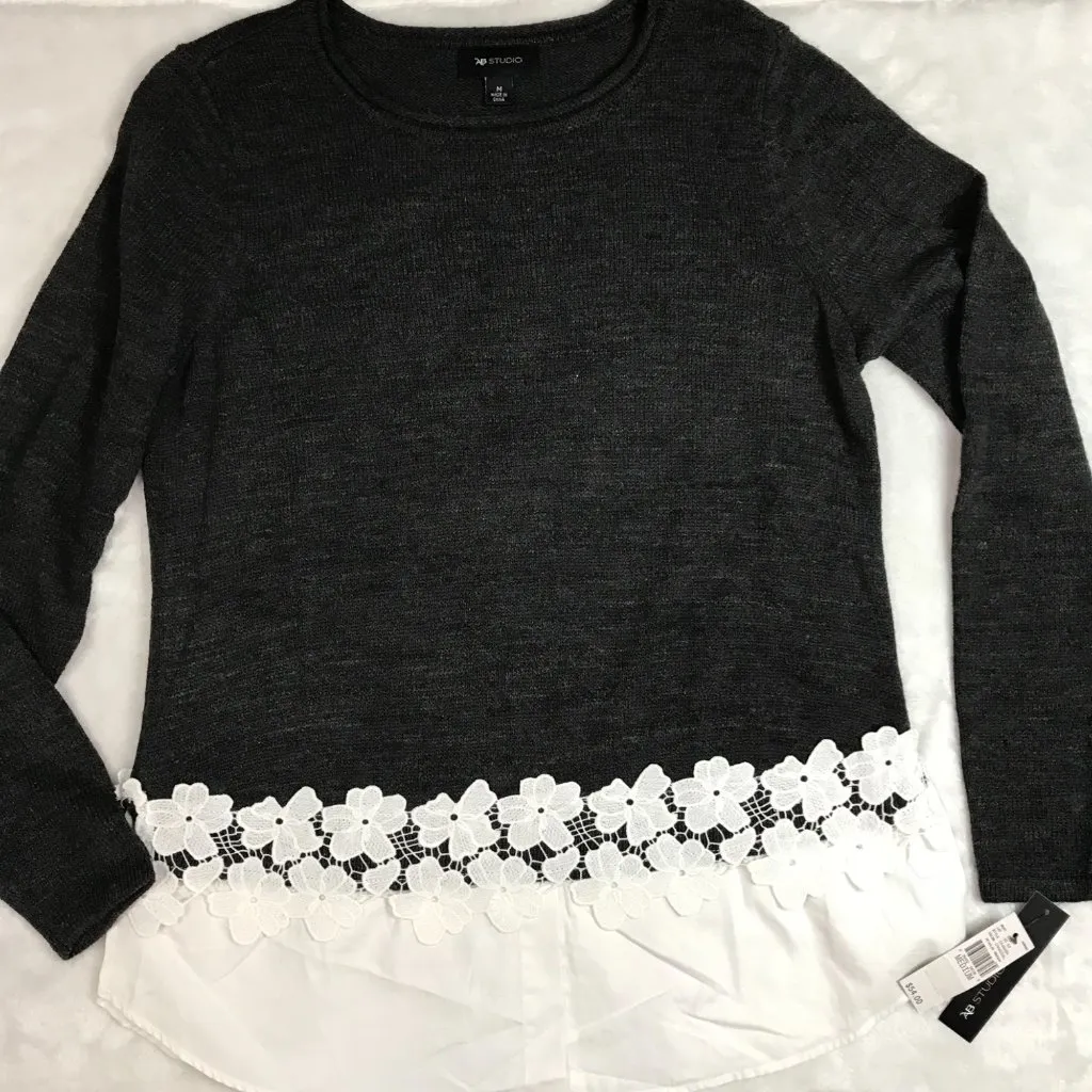 AB Studio Cotton Blend Faux Layered Long Sleeve Sweater Charcoal Gray Medium - Image 8