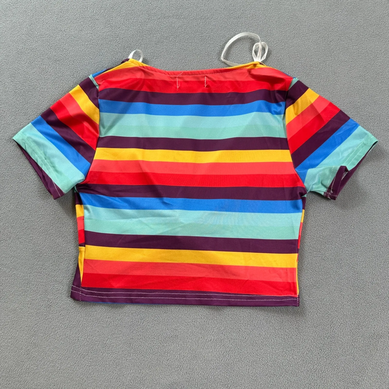 NWT 8 Birdies Australia Twist Front Crop Top Short Sleeve S Stripped Rainbow Red - Image 2