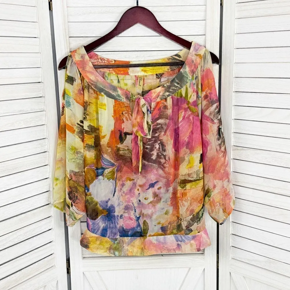 Chenault Watercolor Floral Chiffon Cold Shoulder Blouse Multicolor Small Pink - Image 9