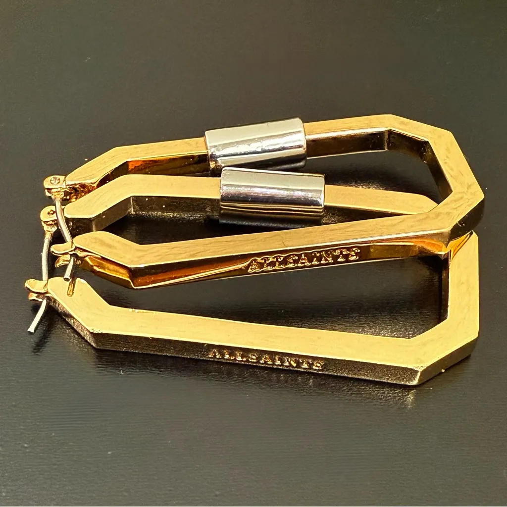 ALL SAINTS Hex Carabiner Gold & Silver-tone Hexagon Hoop Earrings 18.2g. - Image 10