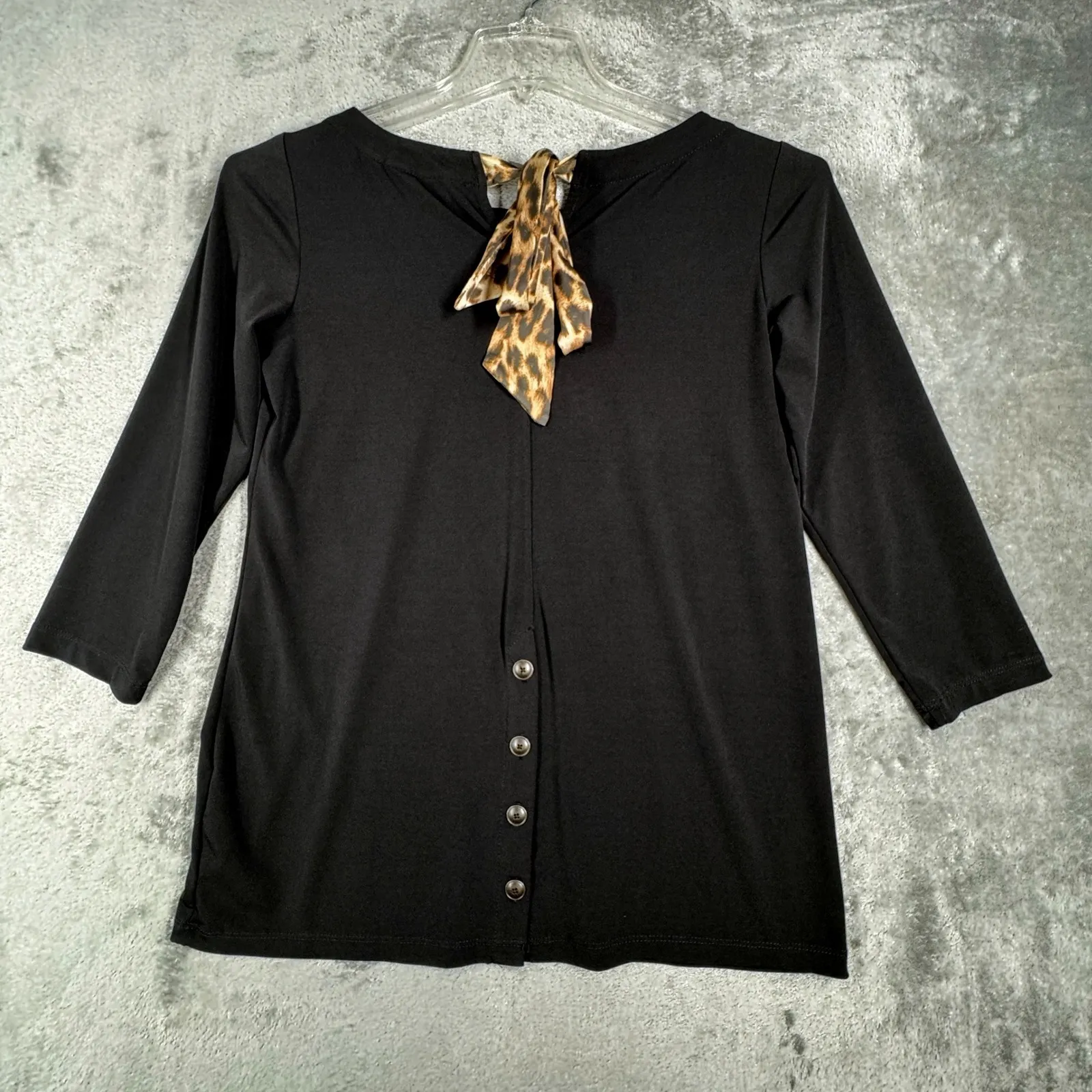 Susan Graver Shirt Women Button Back Statement Piece Neutral Animal Print Bow XS - Image 4