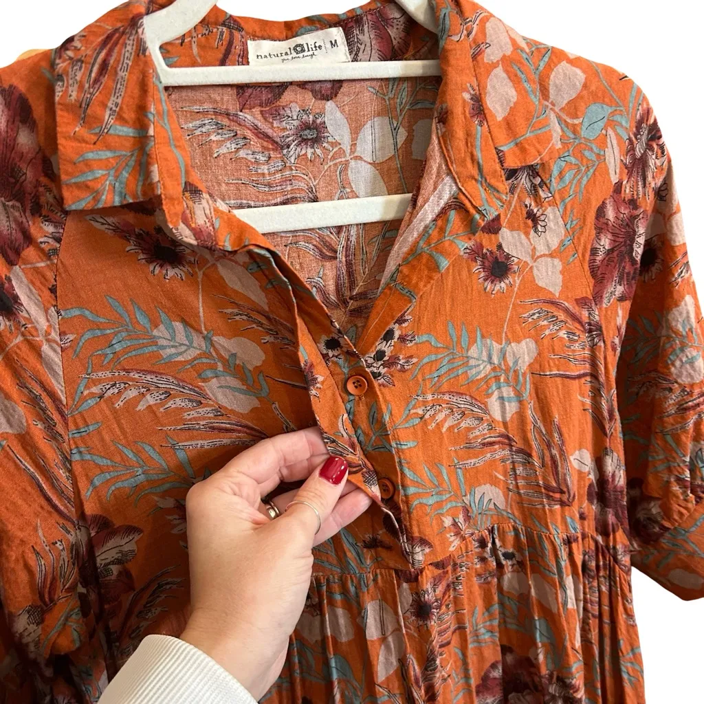 Natural Life Rebecca Midi Dress | Orange Tropical Floral | Size M | Pockets! - Image 4