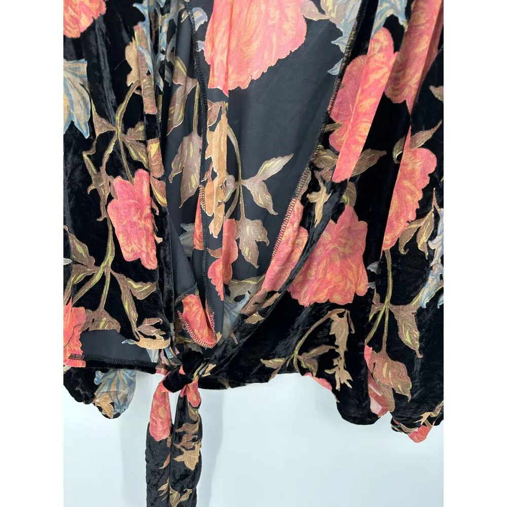 Blue Blush Womens Floral Velvet Tie Front Cardigan Size L Boho Feminine Dark - Image 3