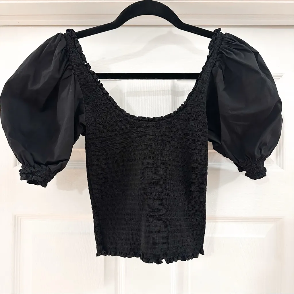 Hill House The Aiko Nap Puff Sleeve Top Smocked Black sz XS - Image 6