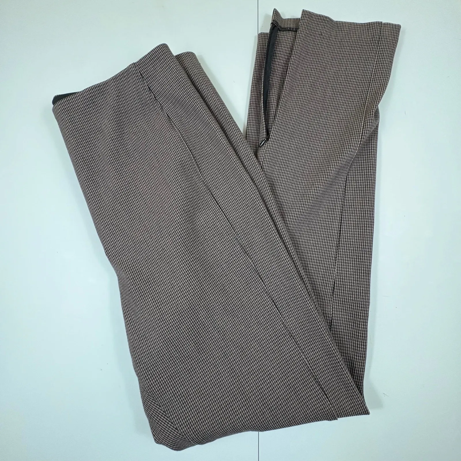 Ann Taylor Houndstooth Career Dress Pants Size 10 Black Tan Flat Front Ankle Zip - Image 6