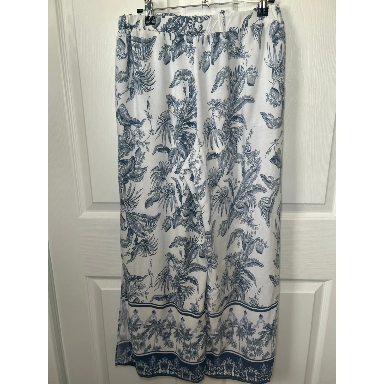 Tribal Wide Leg Pants‎ Tropical Print Linen Rayon Blend Elastic Waist Size M White Size M - Image 3