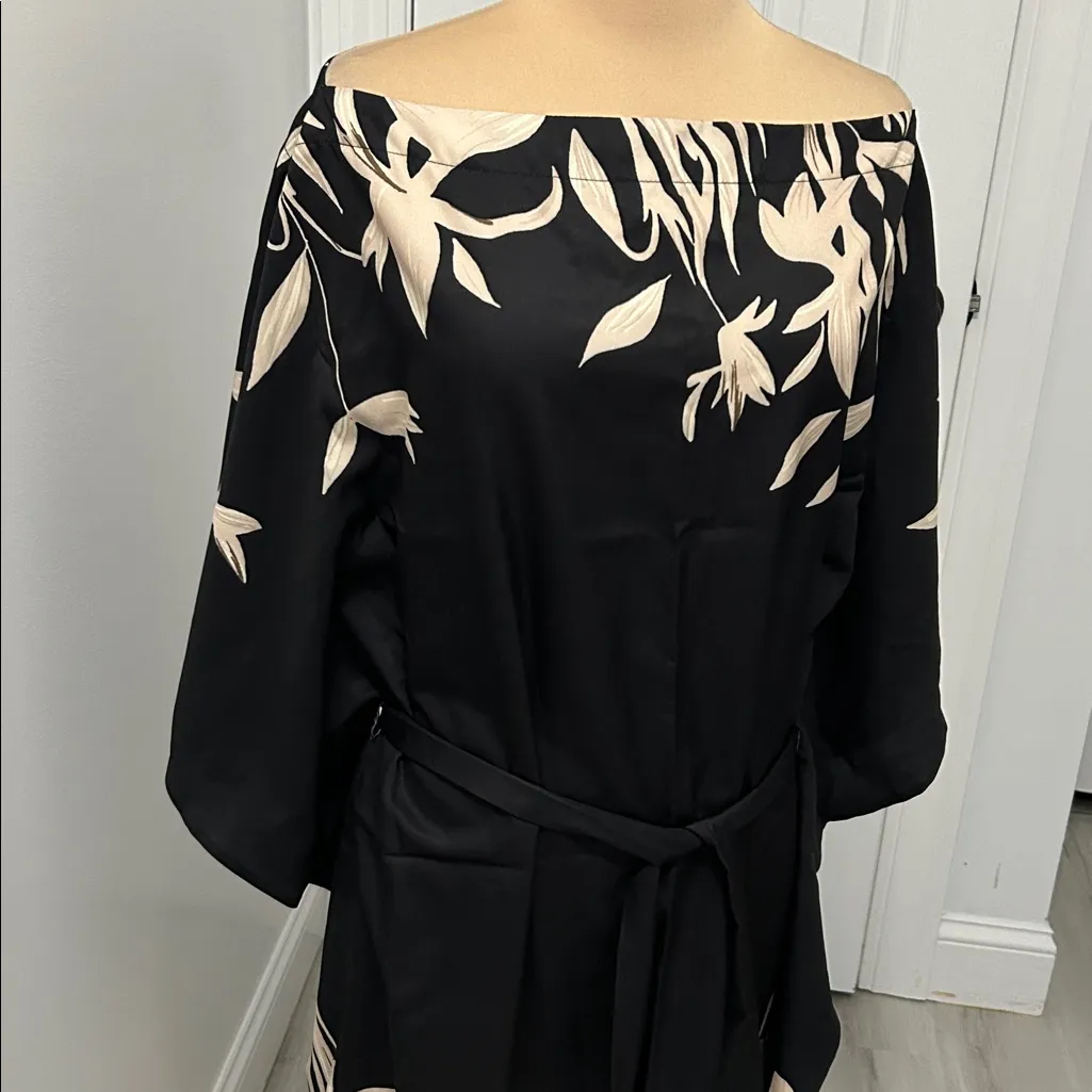 Cupshe Belted Tropical Floral Print One Shoulder Dress Black Tan - Image 6