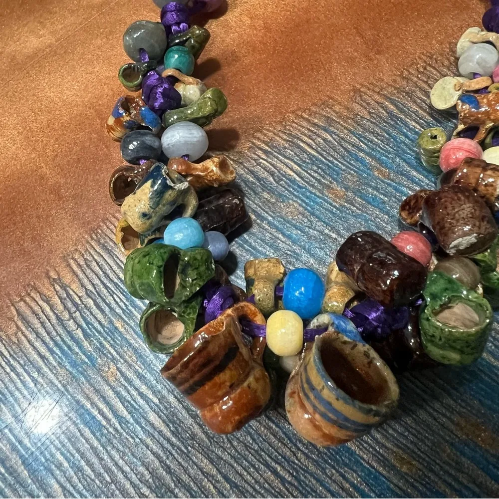 Vintage Mexican Folkart Mini Ceramic mug cup Necklace multicolor Purple - Image 5