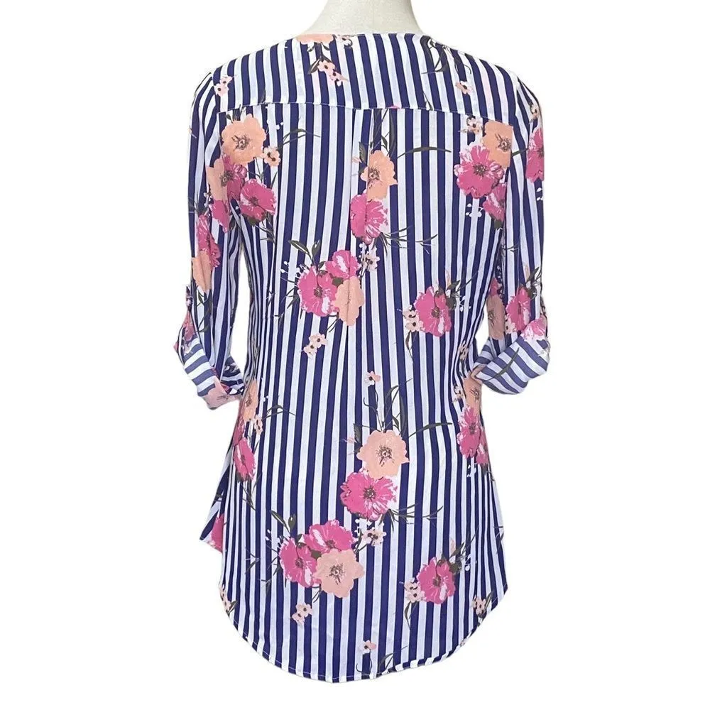 Wishful Park Striped Floral Blouse Gold Trim Roll Tab Long Sleeves - Image 3