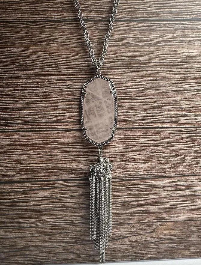 Kendra Scott Rayne Pink Rose Quartz Stone Pendant Tassel Silver Tone Necklace - Image 7