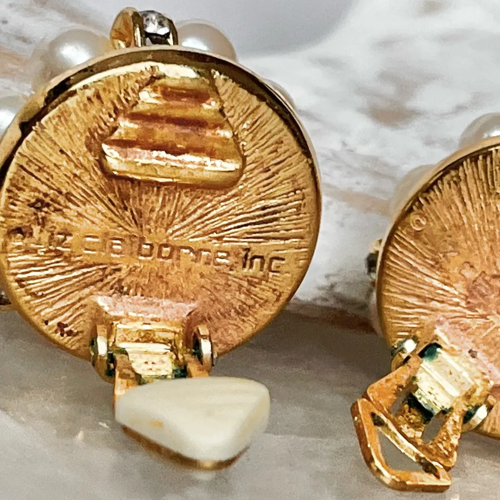 Vintage Liz Claiborne Faux Pearls Crystals Gold Tone Clip On Earrings - Image 5