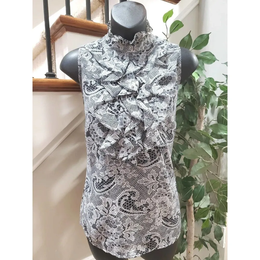 Sunny Leigh Womens Black White Floral Sleeveless Halter Neck Casual Top Blouse S - Image 11