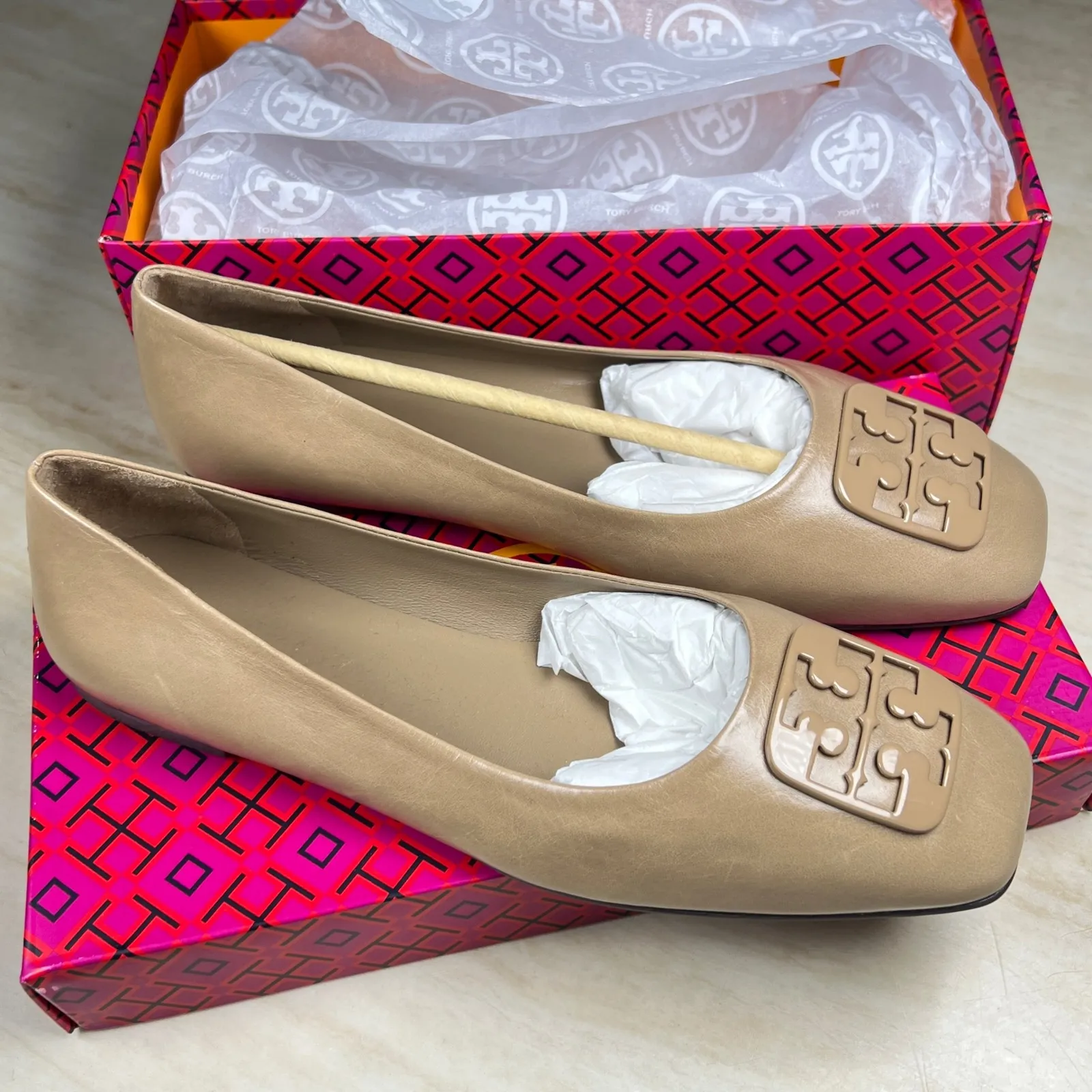 Tory Burch Georgia Ballet Flats Bright Almond Leather Square Toe Women Size 5.5 - Image 6