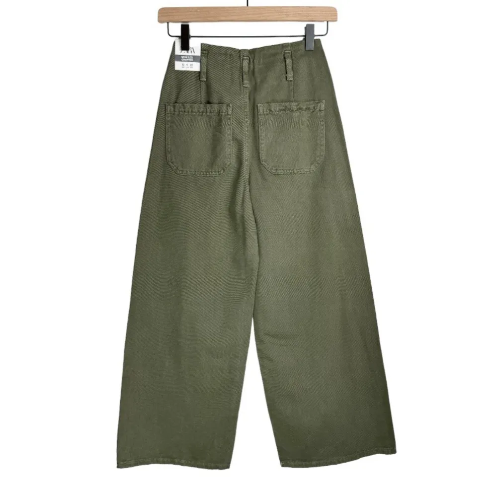 NWT ZARA Wide Leg Cropped Jean Pants Sz 0 Army Olive Green High Rise - Image 3
