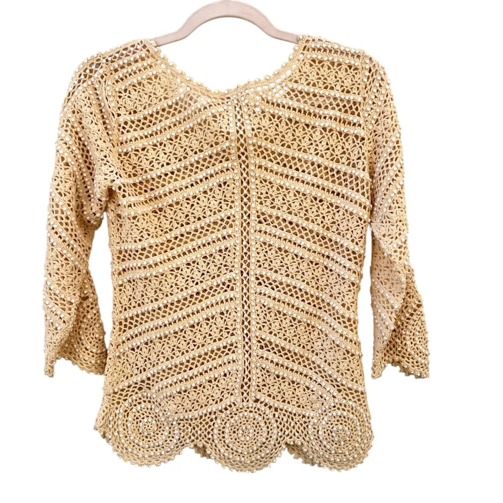 Escada Vintage Rare Beige Cream Crochet Beaded Short‎ Sleeve Wool Blend Shirt 36 Tan - Image 2