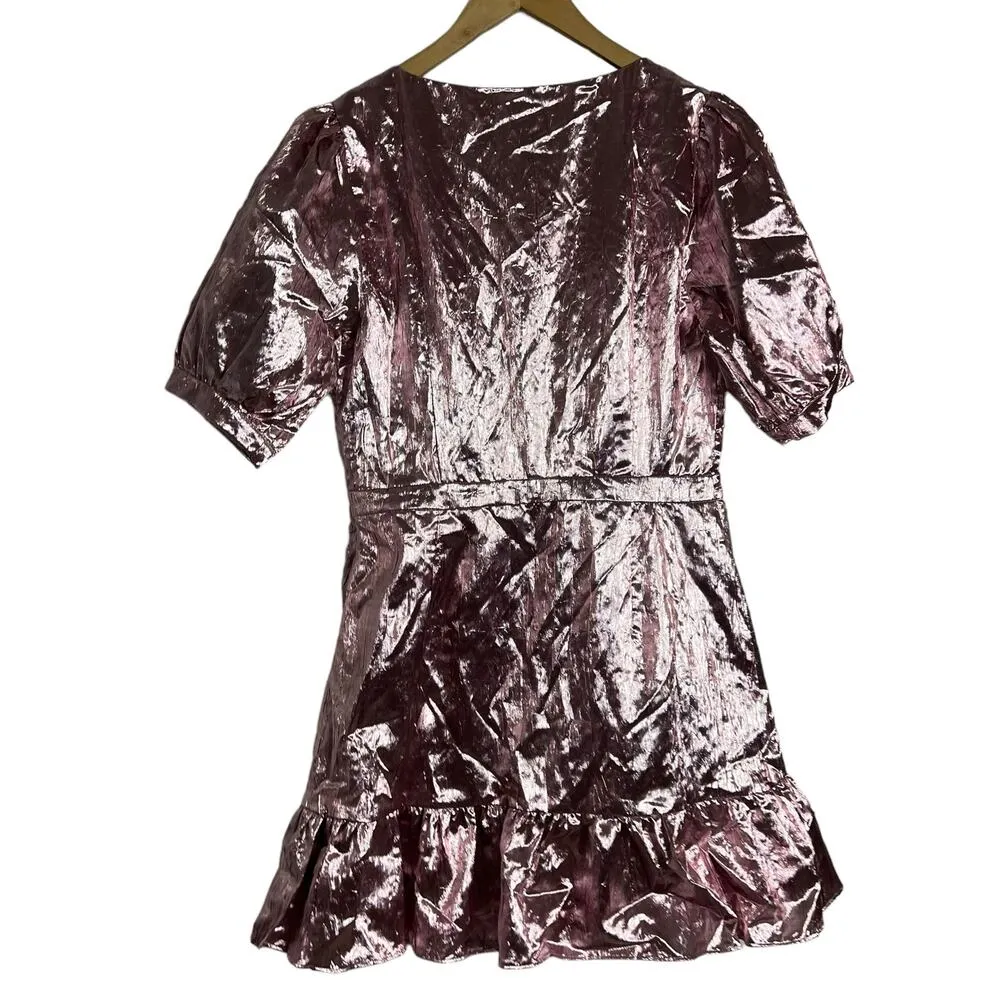 LoveShackFancy Pink Metallic Gabriella Lame Puff Sleeve Bow Mini Dress Size L - Image 8