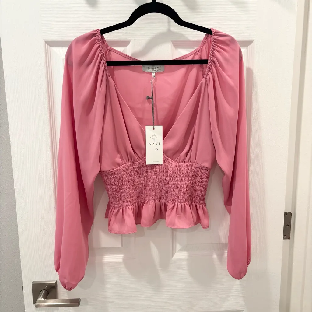 WAYF‎ pink smocked blouse with raglan sleeves size Medium NWT - Image 6