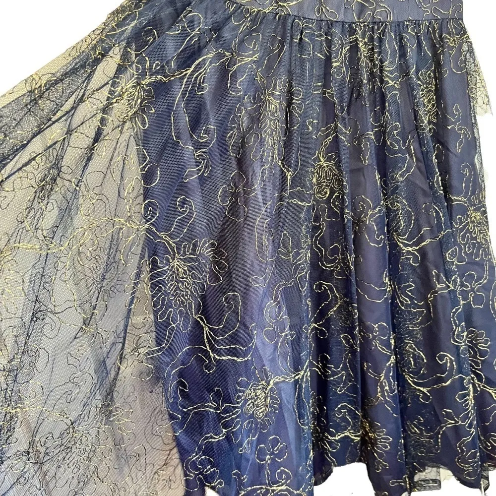 St Gillian Sportswear Vintage Drop Waist Maxi Skirt 6 Navy & Gold Sheer Fabric Blue - Image 5