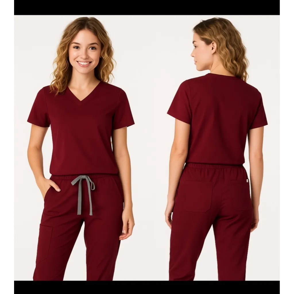 Women's FIGS Maroon Jogger Scrub Pants LP with Gray Drawstring - Image 2