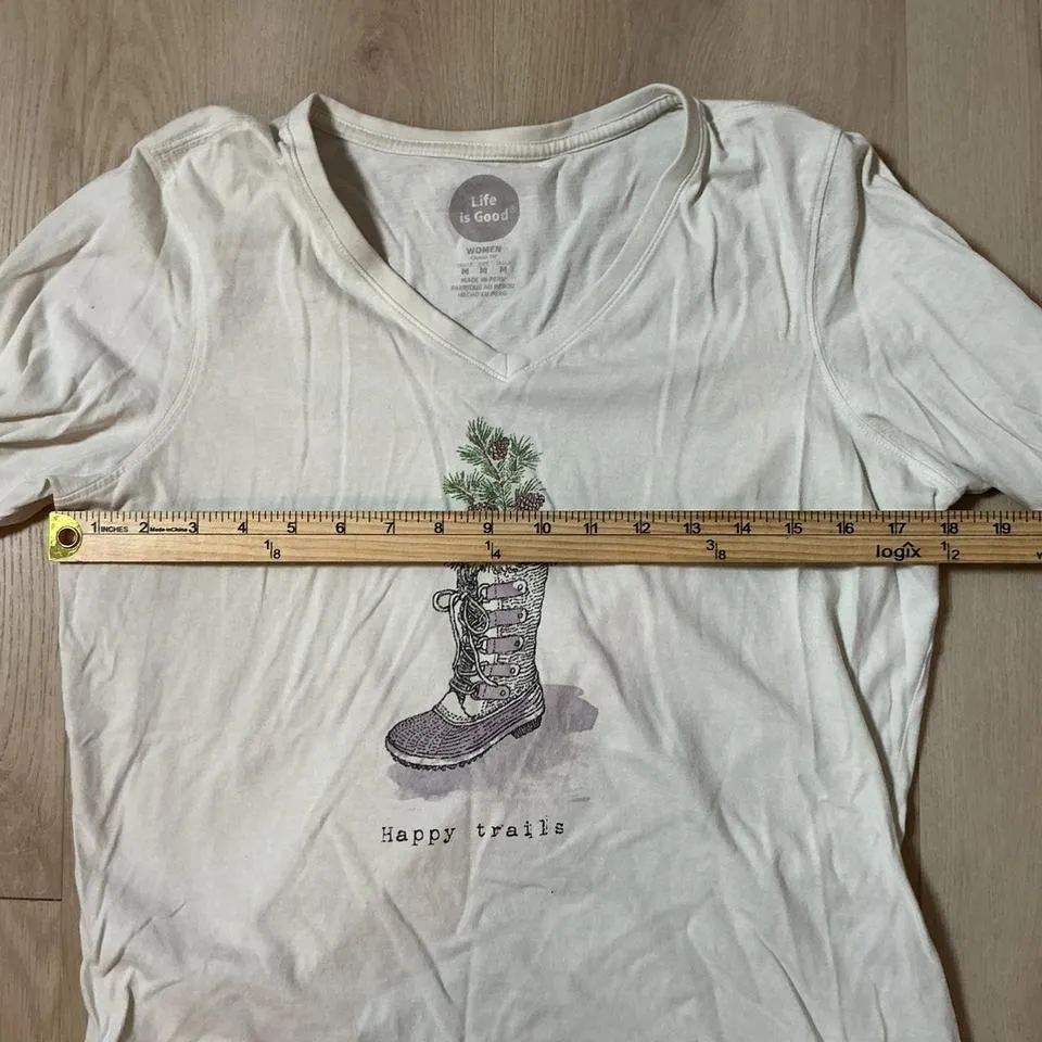Life is Good Womens Long Sleeve Graphic T Shirt White V Neck Happy Trails Boot - Image 3