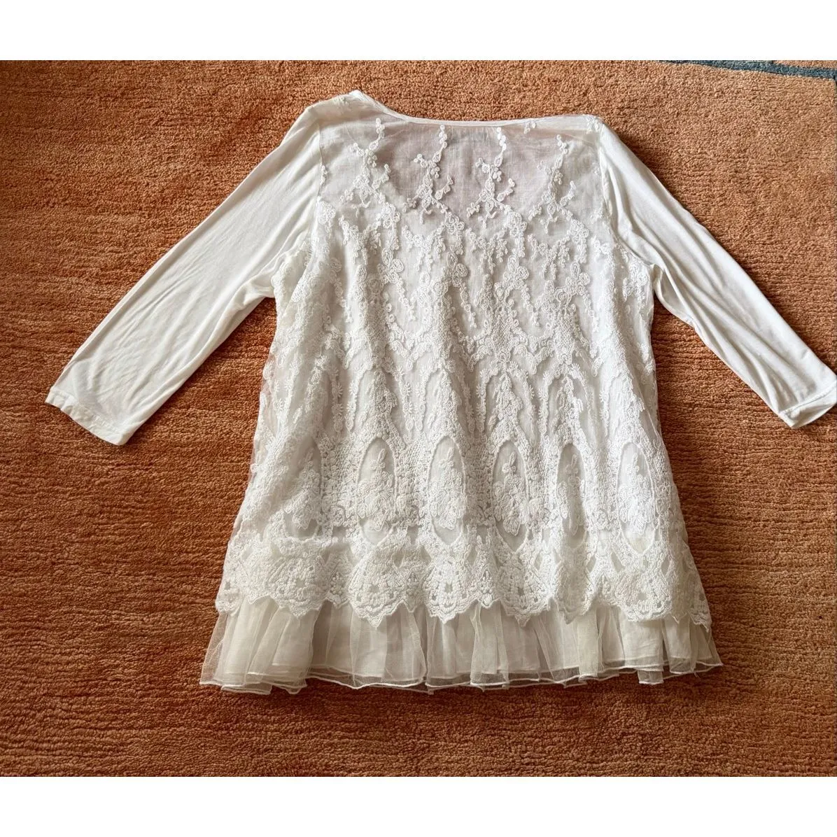 Gaby & Eden Ivory Lace Layered Tunic Top XL Sheer Cotton Mesh Ruffle White - Image 8