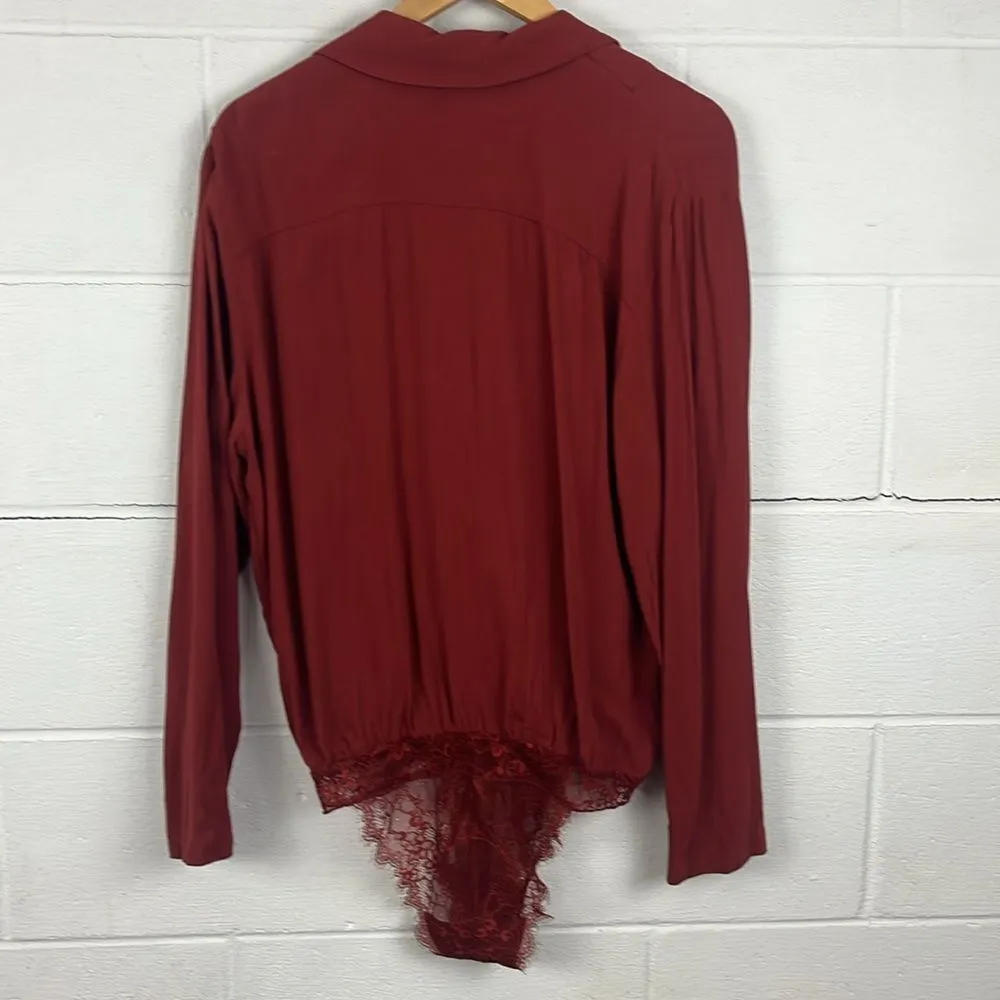 Free People Elsa lace inset deep vneck long sleeve oversized terracotta bodysuit - Image 6