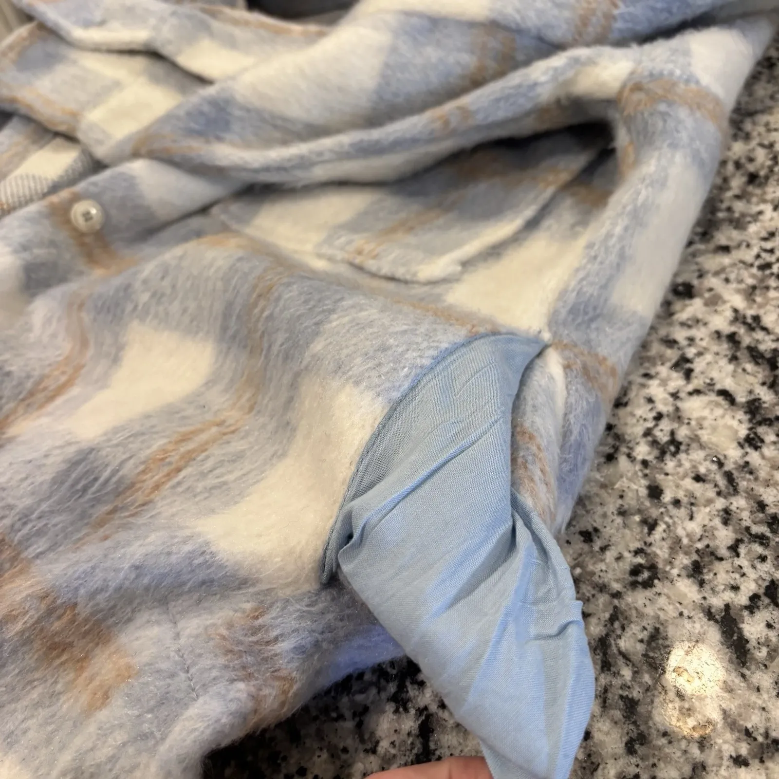 ACOA Plaid Shacket Blue Beige Fuzzy Button Front Chest Pockets Jacket Size S/M Size M - Image 15