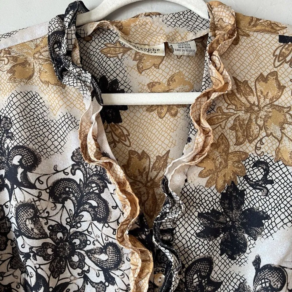 Vtg Y2K‎ Ruffle Sheer Button Up Twee Witchy Floral Boho Career work fairy retro Brown Size 8 - Image 6