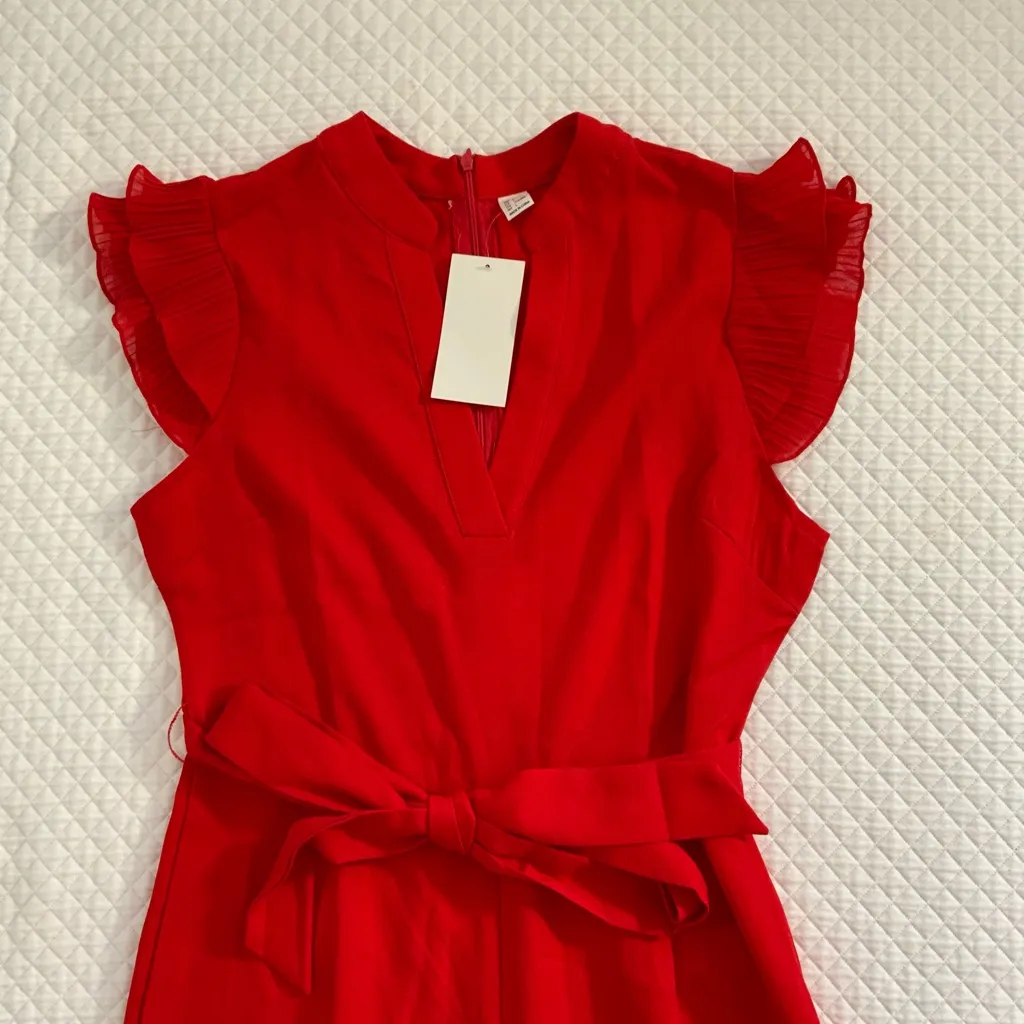 Layered Ruffle Cap Sleeve Notched V Neck Belted Jumpsuit‎ Red Size L - Image 7