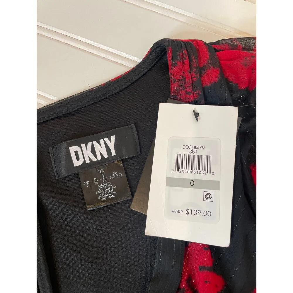 NWT DKNY Red and Black Floral Long Balloon Sleeve Midi Dress Wrap Skirt Size 0 - Image 7
