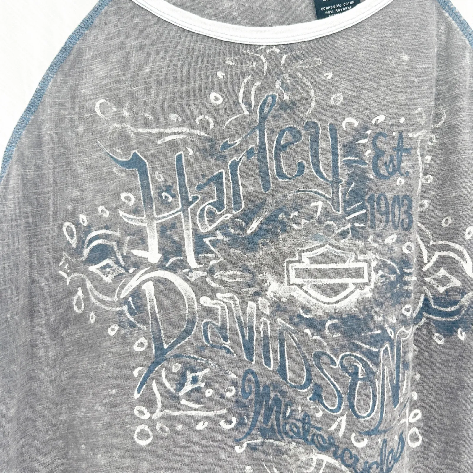Harley Davidson Womens Grunge Crochet Lace Raglan Sleeve Graphic T Shirt Size L Gray - Image 5