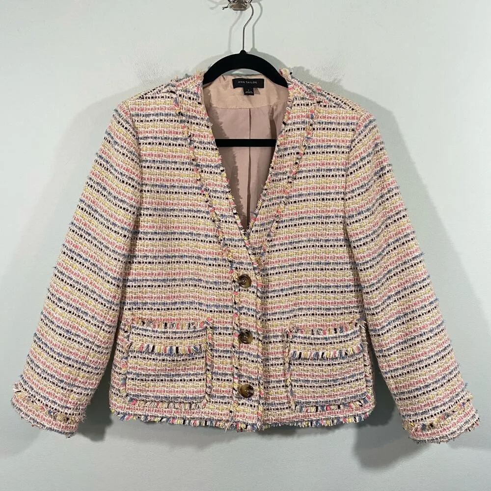 Ann Taylor Multicolor Shimmer Fringe Tweed Button Front Cardigan Jacket Size 8 - Image 2