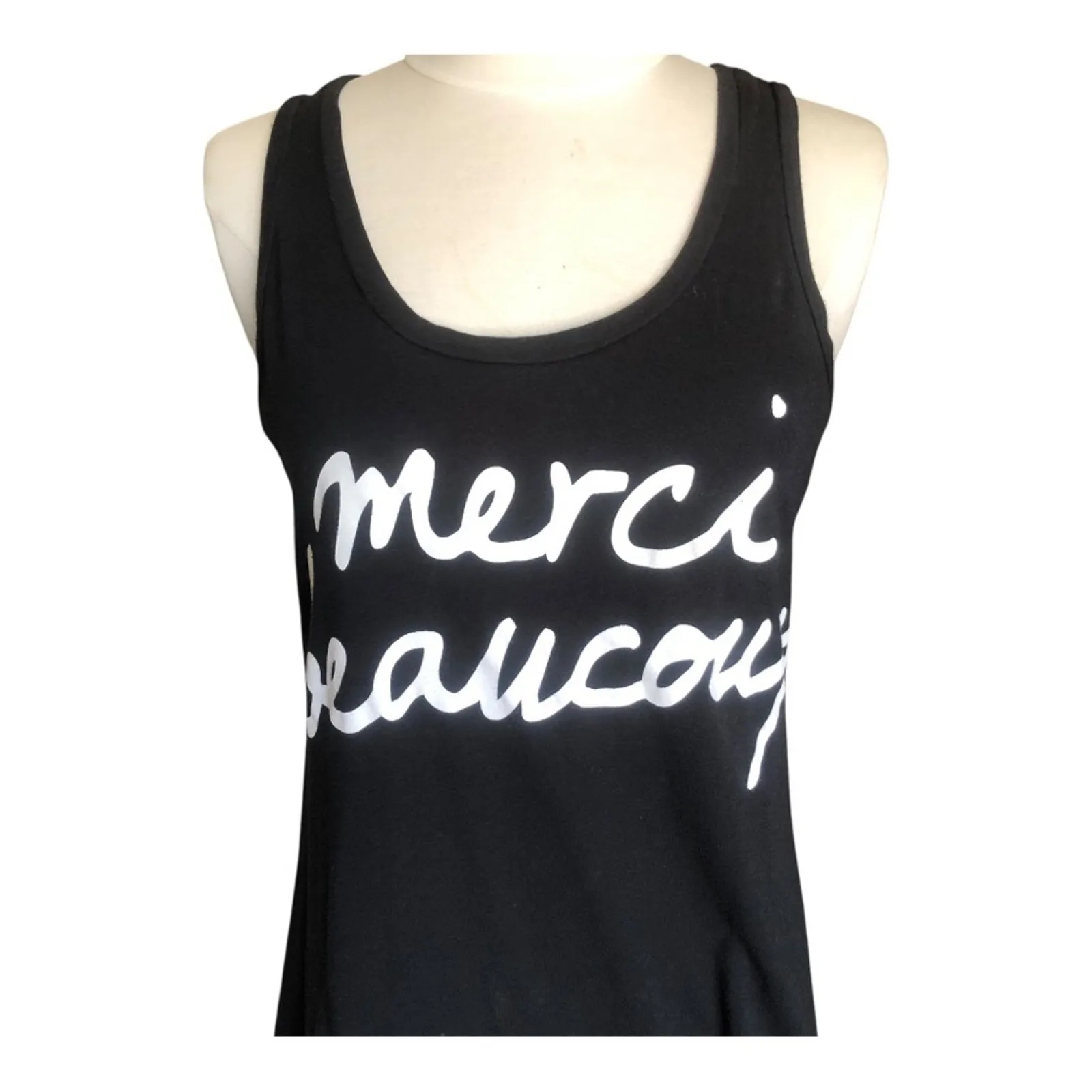 Madison & Berkeley  Black Graphic Tank Top XS ‘Merci Beaucoup’ Script Print EUC - Image 2