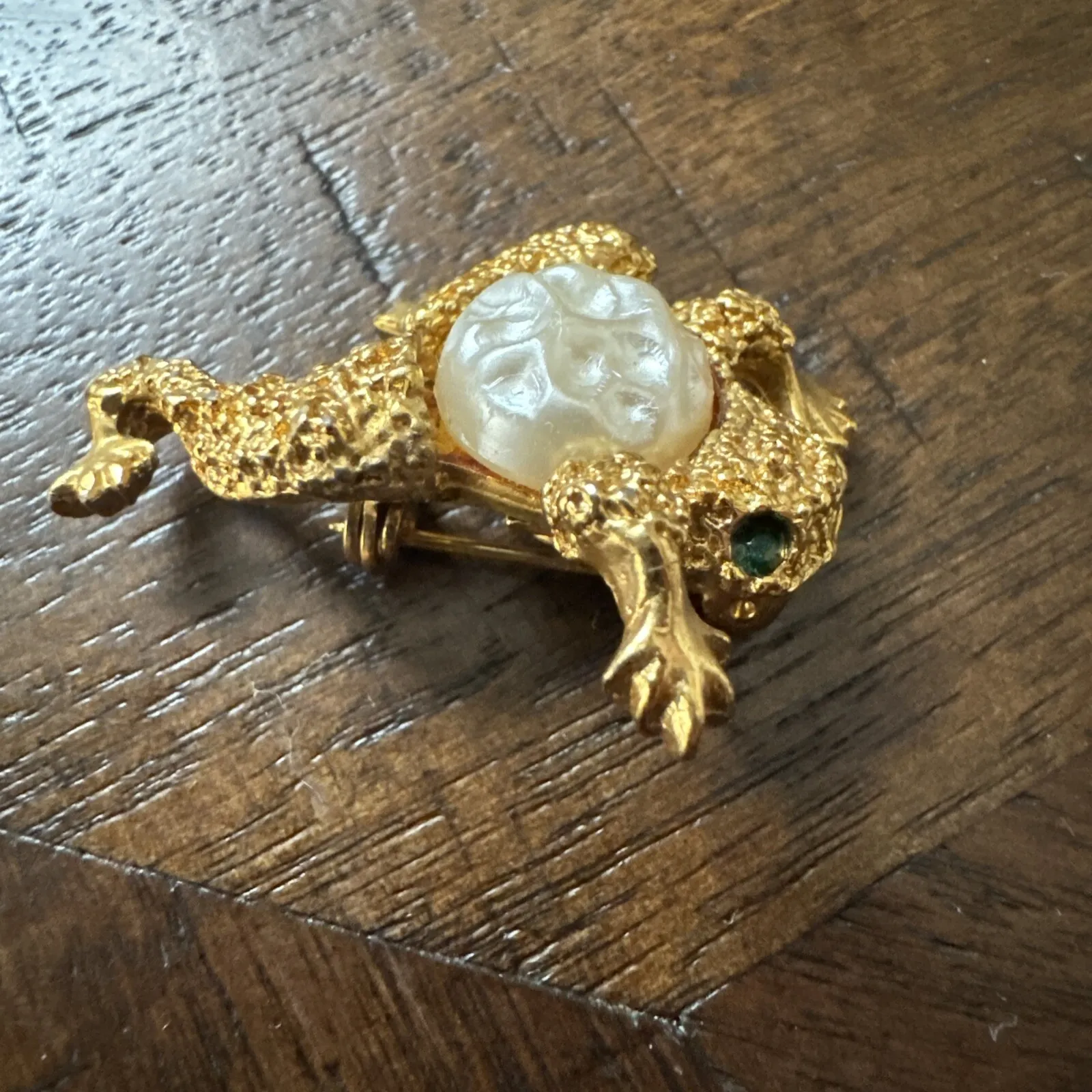 Vintage Frog Faux Pearl Green Rhinestone Eyes Pin‎ Brooch Gold - Image 2