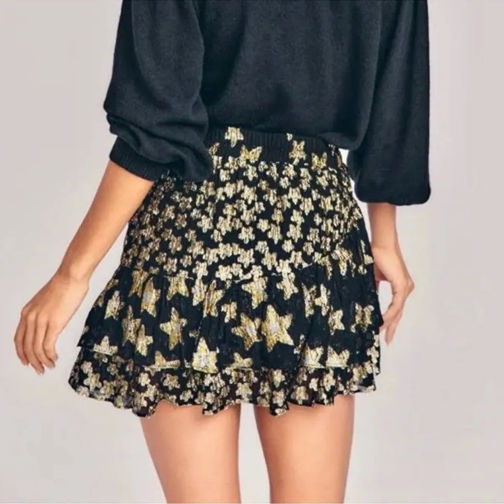 LoveShackFancy Women’s Seniya Black Gold Star Tiered Asymmetrical Mini Skirt M - Image 6