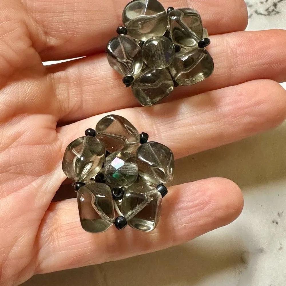 Vintage grey beaded German clip on earrings Silver - Image 4