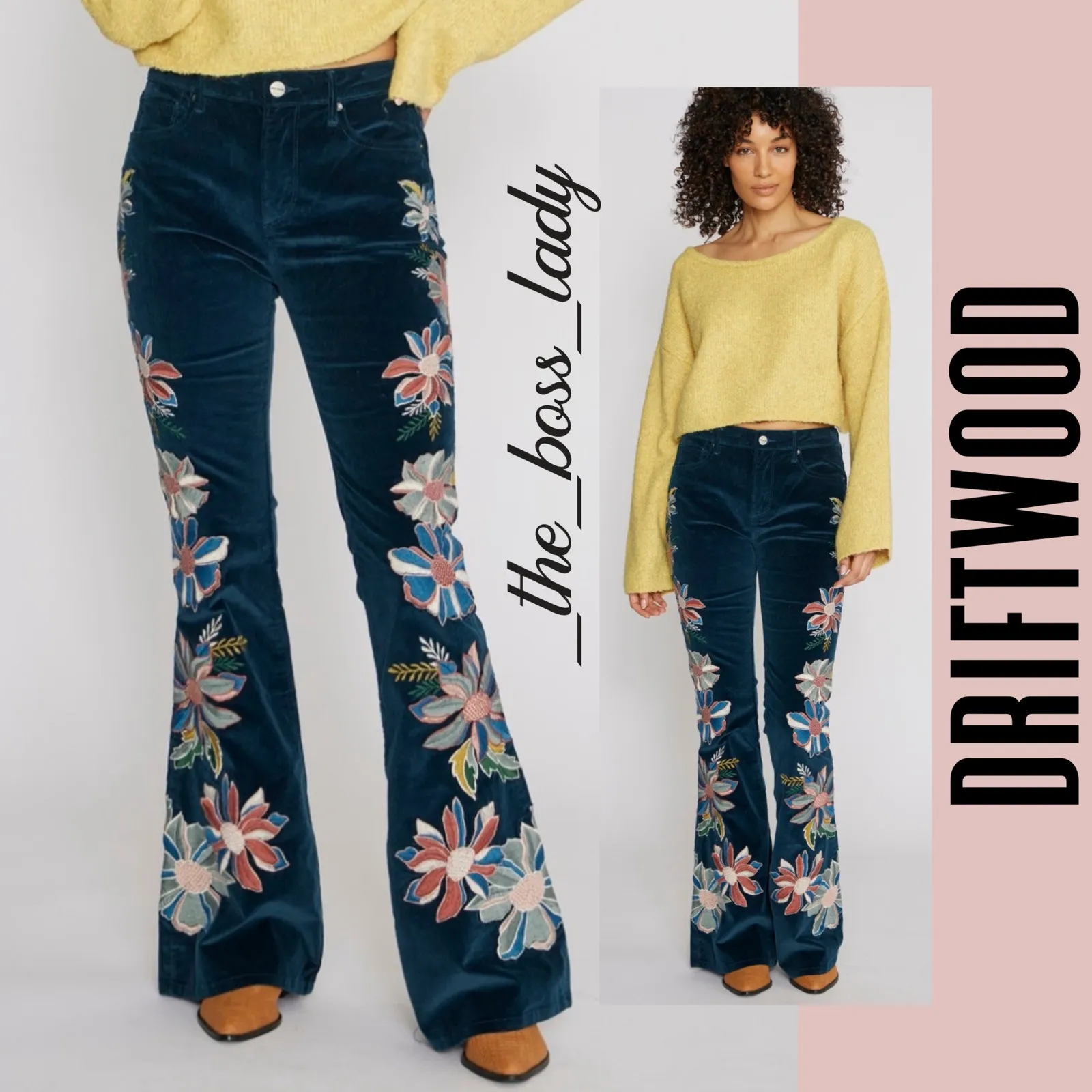 Driftwood x Free People corduroy flare pants high waisted floral embroidery 26 - Image 6
