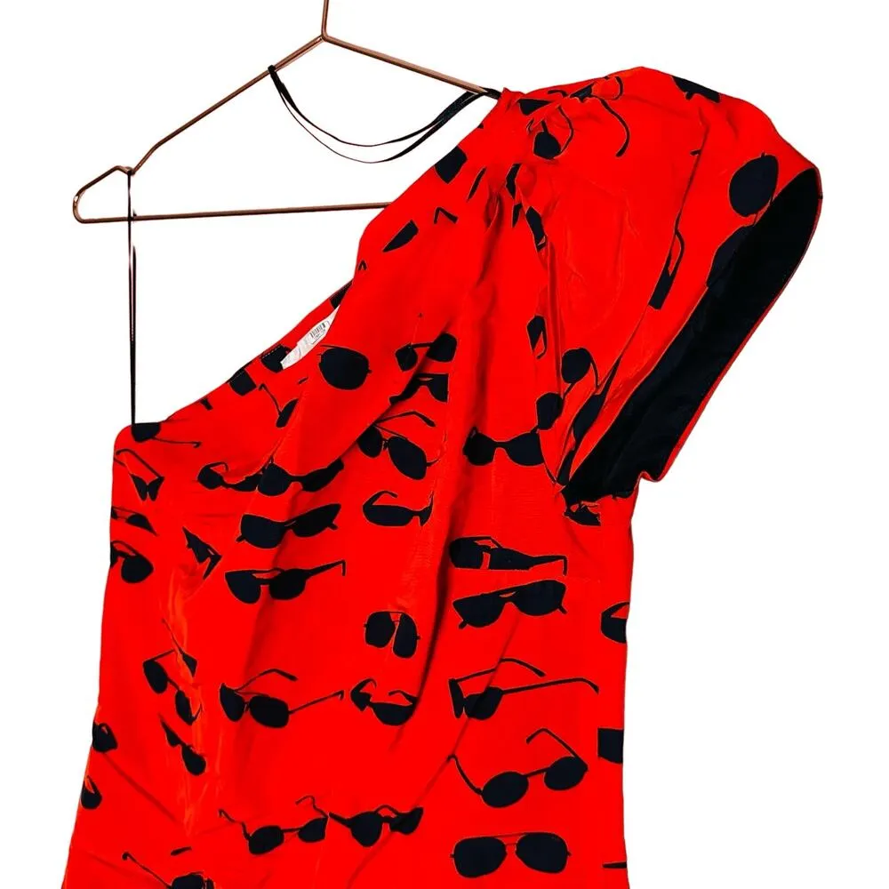 VICTORIA VICTORIA BECKHAM Red Printed Sunglasses One Shoulder Dress Size 4 - Image 6