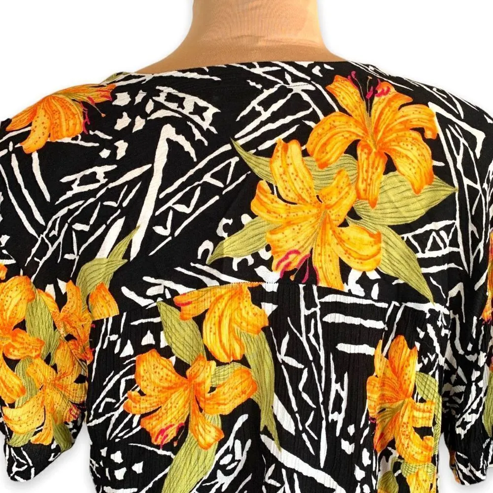 Vintage 90s Shirt Tropical Abstract Dark Floral Detail Black Orange Crinkle Size M - Image 5