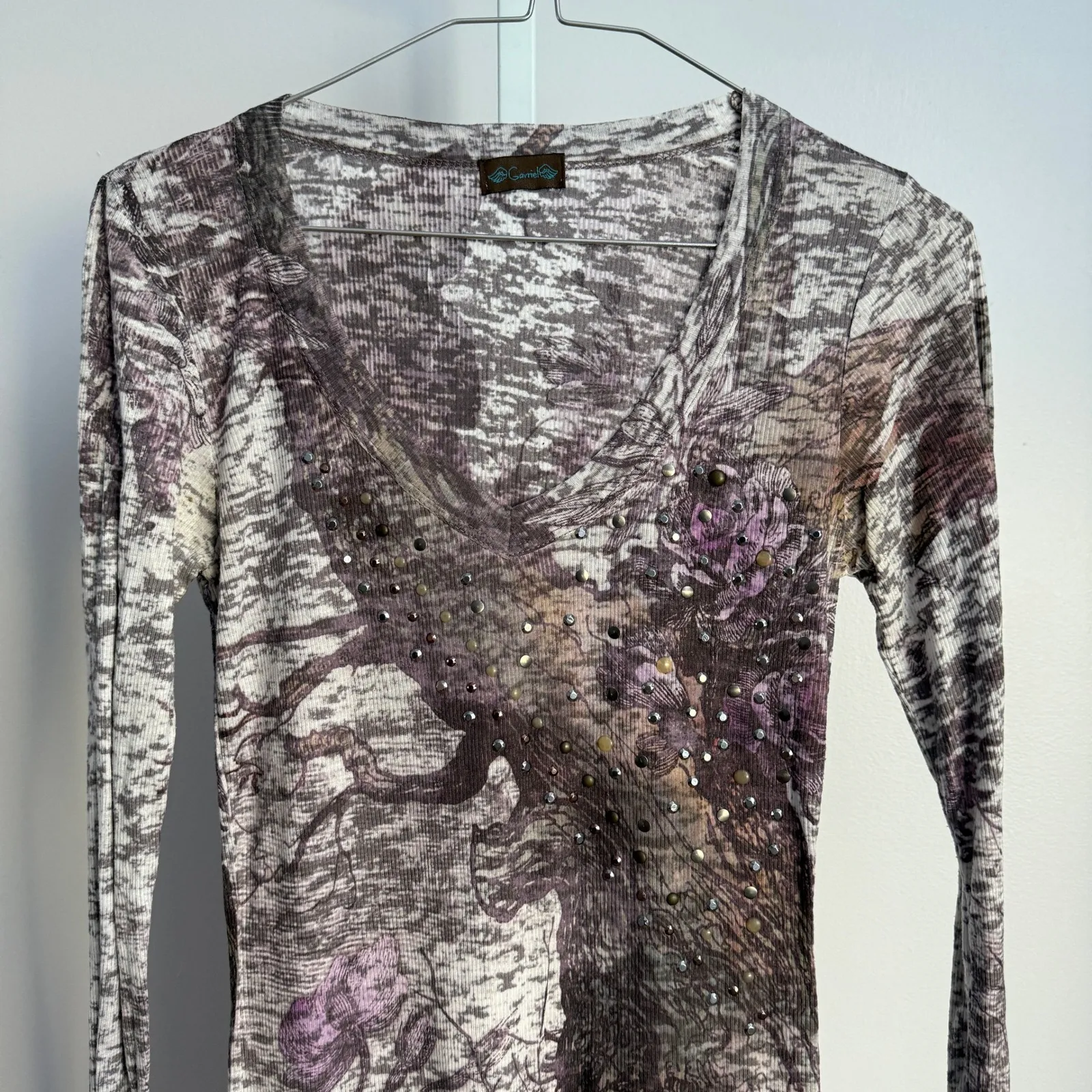 Gavriel LA VTG Y2K Bling Baby Tee‎ Floral Rhinestone Long Sleeve Top Medium Purple - Image 3